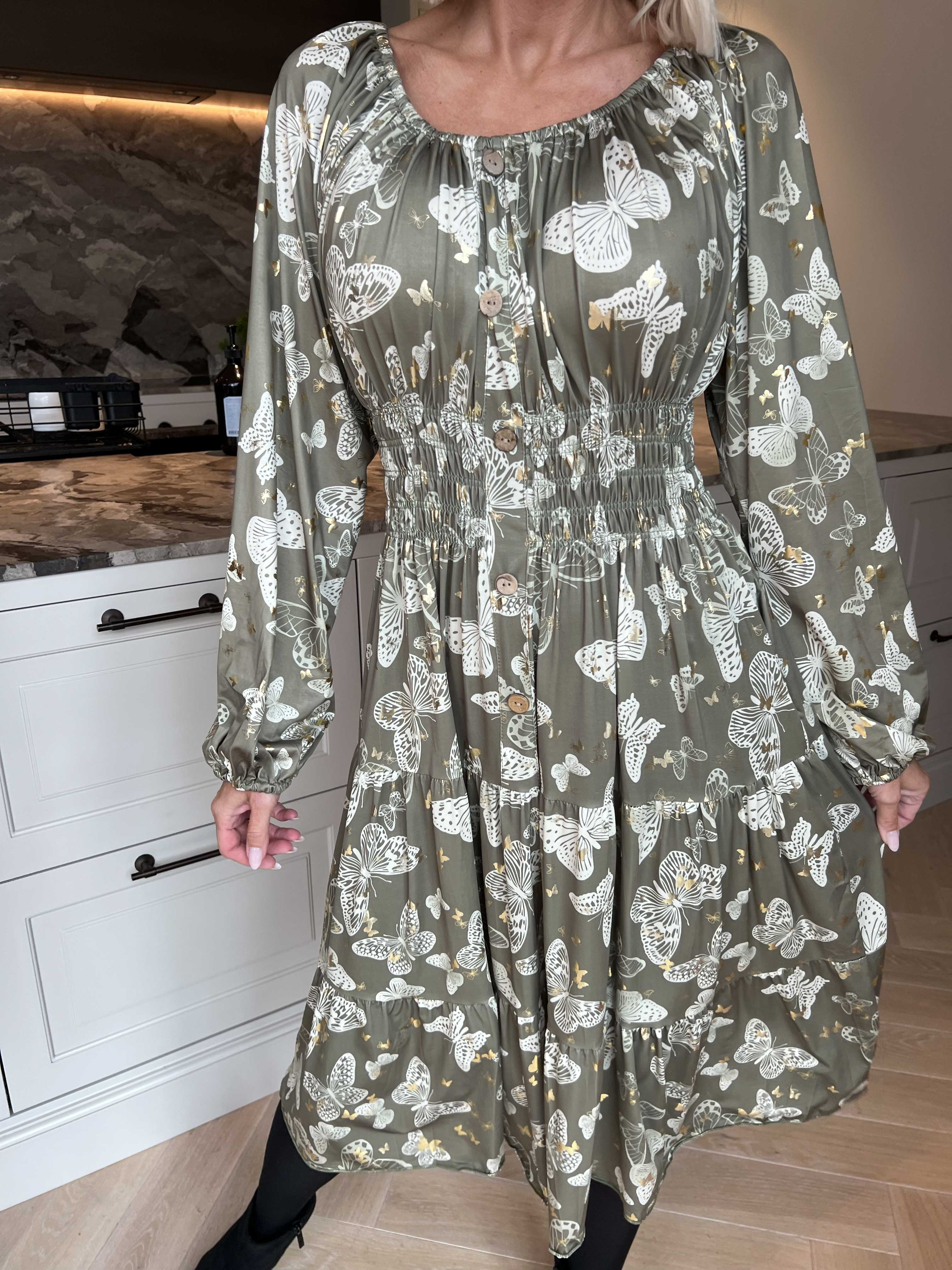 Tea Butterfly L/S - Plus Size klänning med resår i midjan och fjärilstryck
